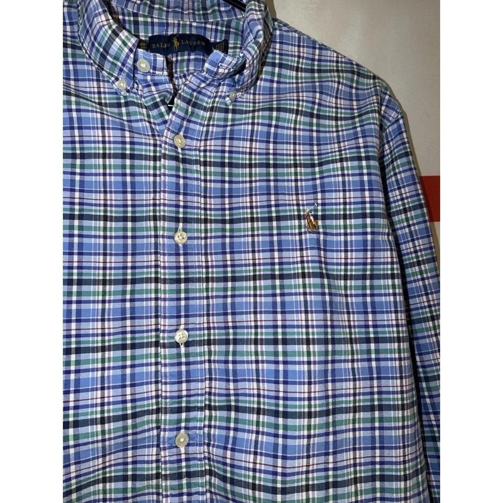 Polo Ralph Lauren Button Up Shirt Mens Large Purple Blue Plaid Oxford Cotton